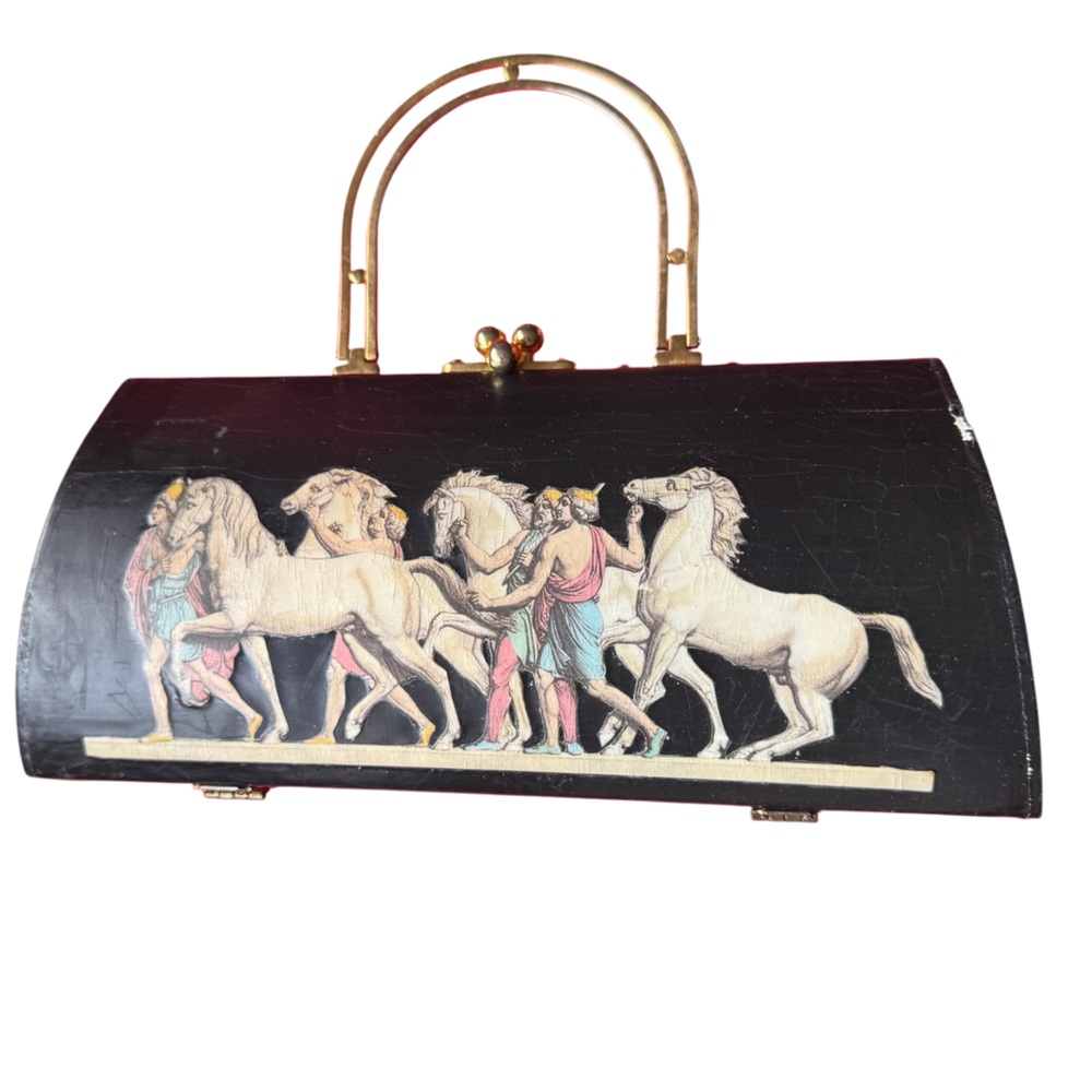 Vintage Wooden Hand Painted Gold Handle Purse w/ Push clasp